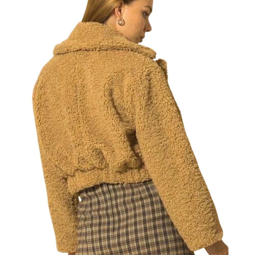HYFVE Teddy Bear‎ Sherpa Faux Fur Cropped Jacket Coat Women's Large Mustard Boho - Picture 2 of 15